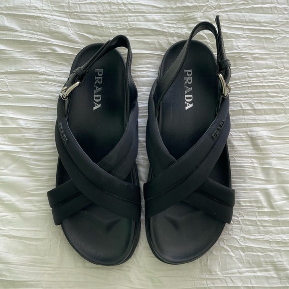 Prada CALZATURE DONNA padded crossover strap flat sandals | black | size EU 39.5 - Picture 1 of 11